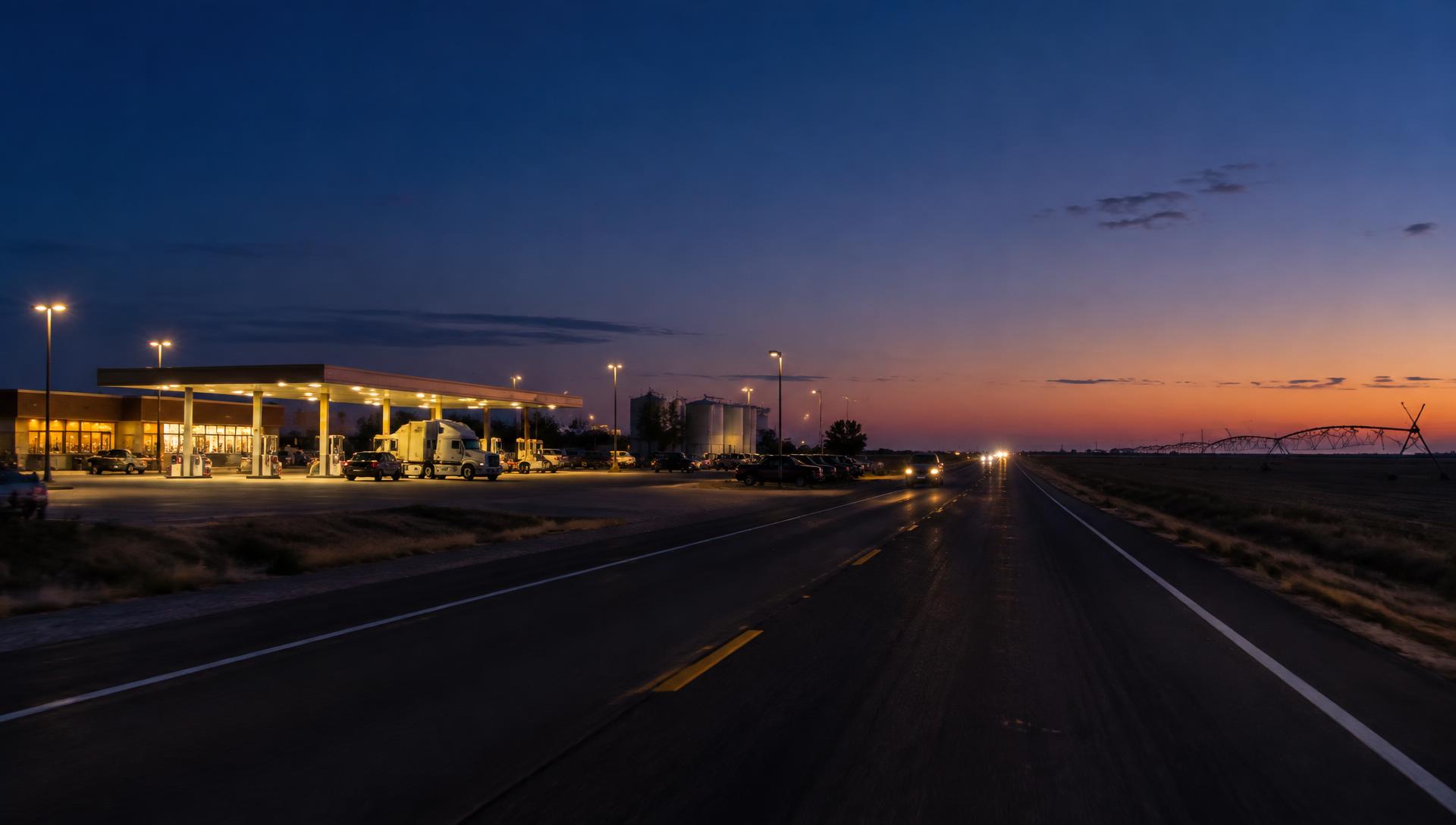 A fuel stop glowing beside a Valley highway at blue hour