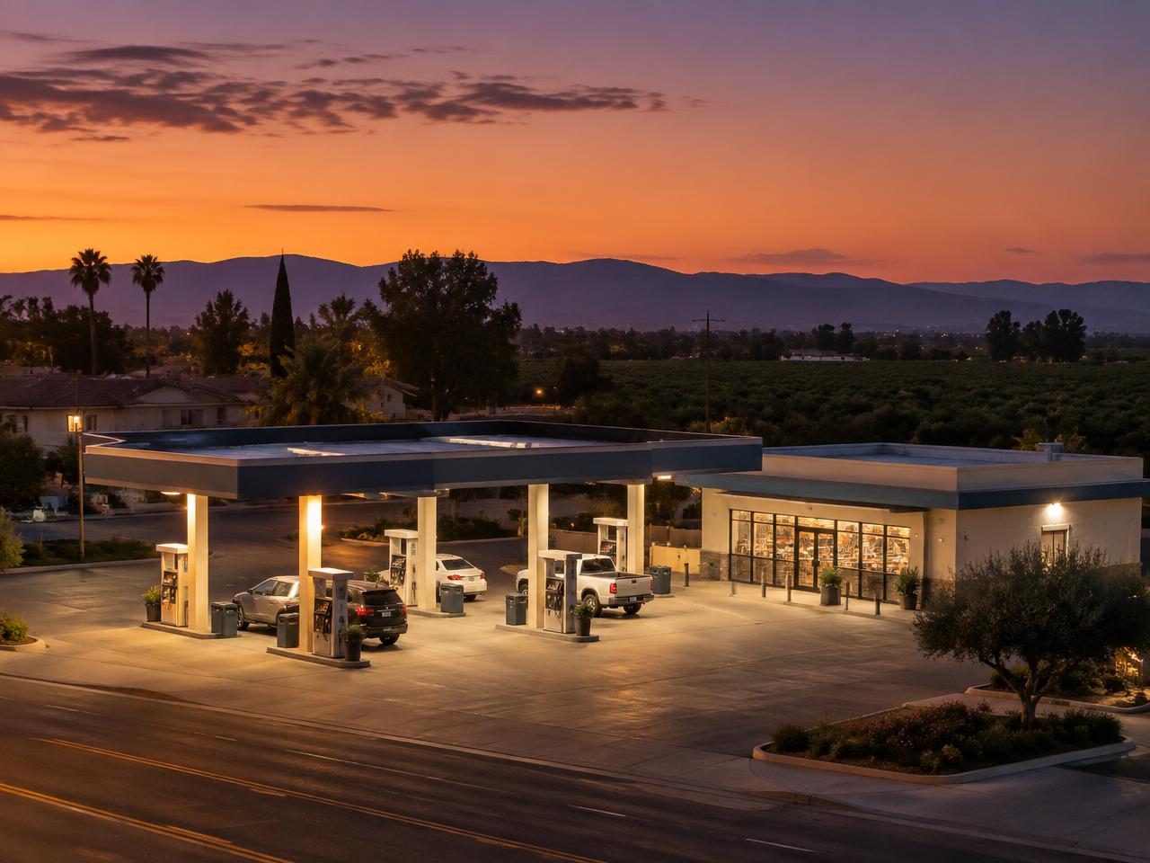 A neighborhood fuel station and market at sunset, orchards beyond