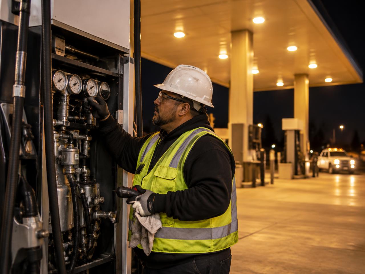 A technician inspecting dispenser gauges under a lit canopy at night
